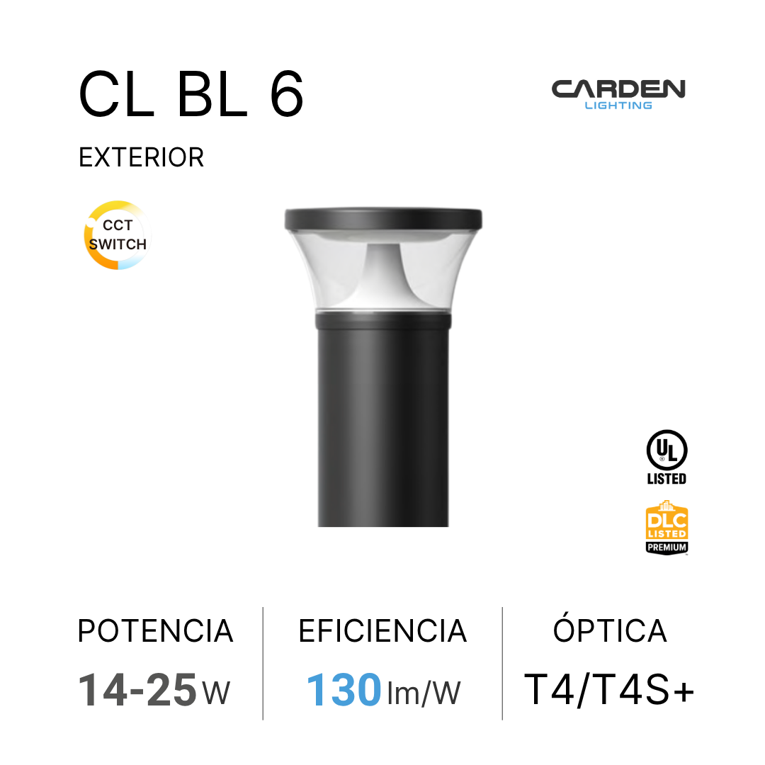 Faro LED exterior de color negro, marca Carden Lighting, con características técnicas y certificaciones de seguridad y eficiencia energética.