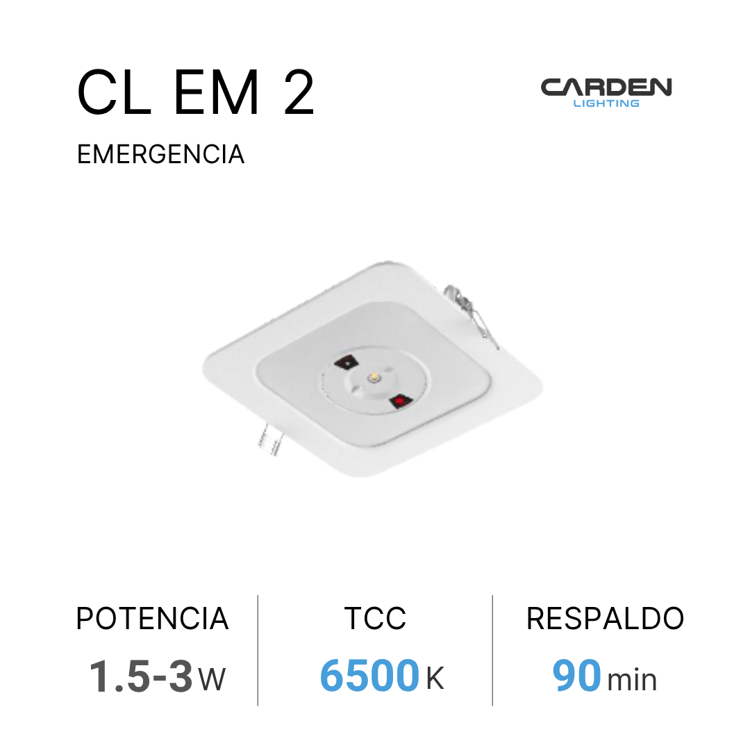 Imagen de un panel de emergencia con instrucciones y datos técnicos, incluyendo potencia de 1.5 a 3 vatios, temperatura de color 6500K y respaldo de 90 minutos, con logotipo de Carden Lighting.