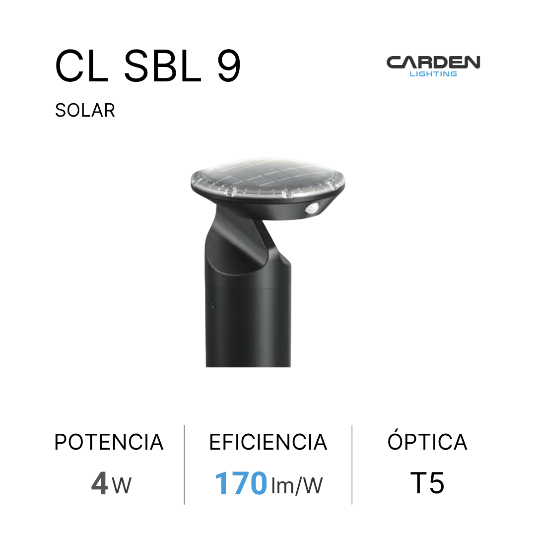 Bolardo solar LED Carden CL SBL autónomo con panel solar superior para senderos, jardines y andadores