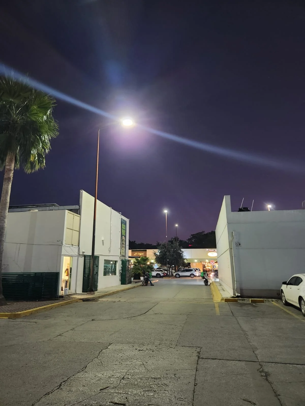 Vista de un estacionamiento nocturno con luces brillantes, árboles y edificios blancos, cielo oscuro y una palmera a la izquierda.