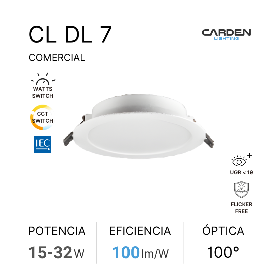 Imagen de una caja de luz LED redonda blanco, del fabricante Carden Lighting, modelo CL DL 7, con especificaciones técnicas y características destacadas en letras y símbolos.