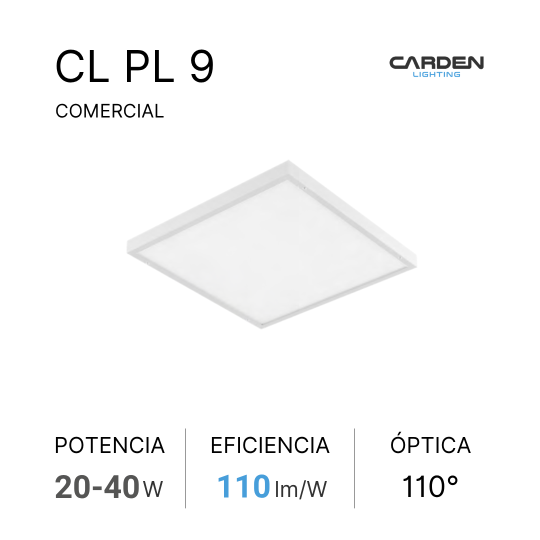 Imagen de una caja de luz led cuadrada blanca con información técnica, de la marca Carden Lighting, modelo CL PL 9, con potencia de 20 a 40 vatios, eficiencia de 110 lúmenes por watt, y ángulo óptico de 110 grados, para uso comercial.