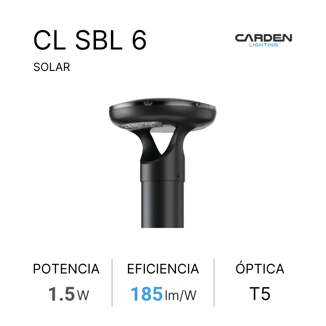 Bolardo solar LED Carden CL SBL autónomo con panel solar superior para senderos, jardines y andadores