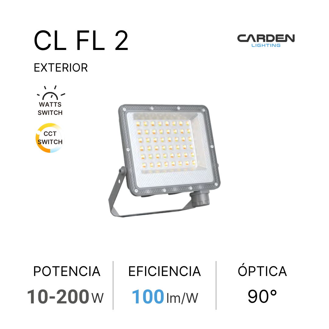 Foco LED compacto con control de potencia y temperatura de color, marca Carden Lighting, diseñado para exteriores, con eficiencia de 100 lúmenes por vatio y apertura óptica de 90 grados.