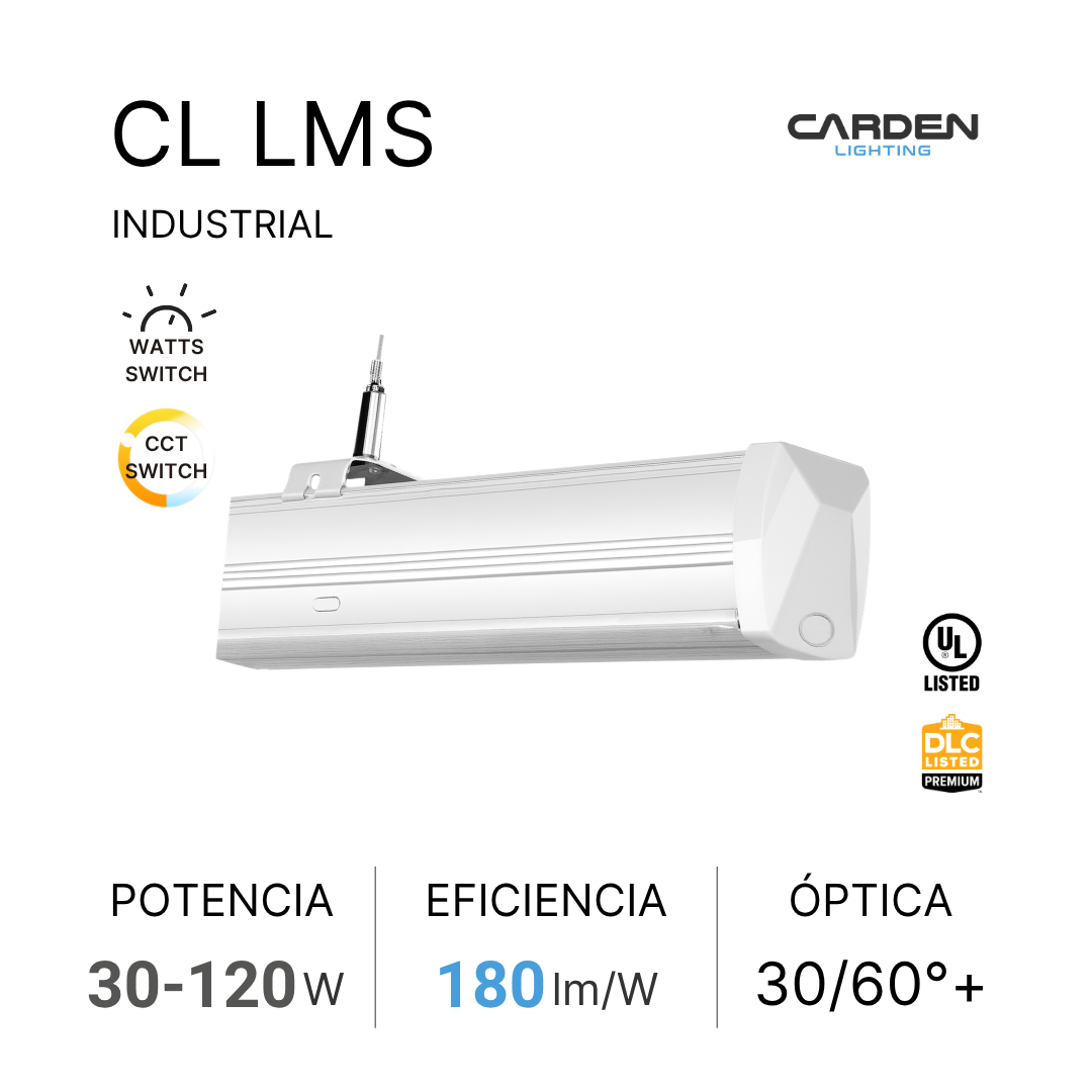 Descripción de un equipo de iluminación industrial Carden Lighting con especificaciones técnicas.