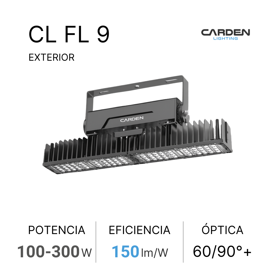 Ilustración de una luminaria LED de exteriores marca Carden Lighting, modelo CL FL 9, con características de potencia de 100 a 300 vatios, eficiencia de 150 lúmenes por vatio, y óptica de 60/90 grados o más.