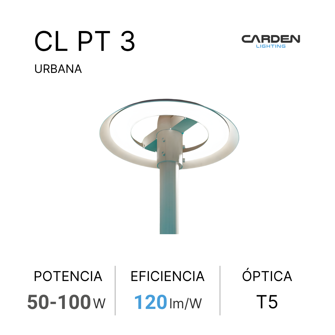Cartel de luminaria urbana CL PT 3 de la marca Carden Lighting, con características de potencia de 50 a 100 vatios, eficiencia de 120 lúmenes por vatio y óptica T5.