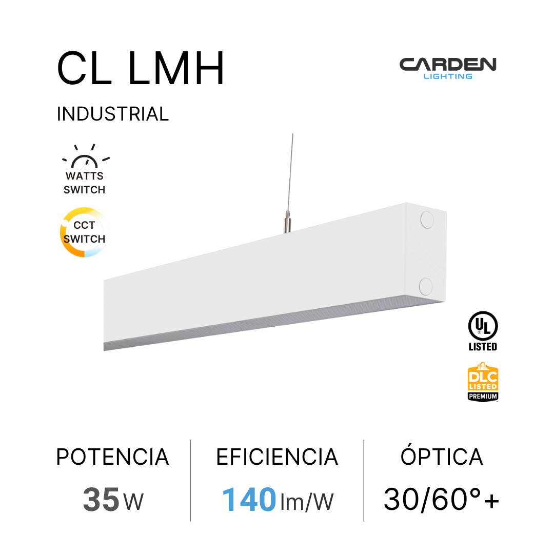 Etiqueta de producto con características técnicas de una luminaria industrial de la marca Carden Lighting, modelo CL LMH, que indica potencia de 35 W, eficiencia de 140 lúmenes por vatio, y apertura óptica de 30/60 grados. Incluye logos de certificaciones UL y DLC.