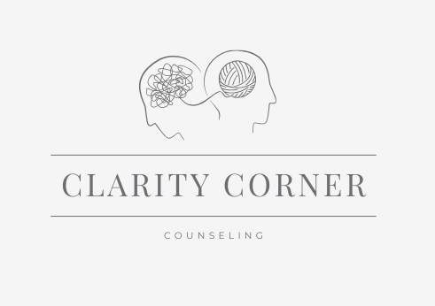 Logo for Clarity Corner Counseling, featuring two faces with brain illustrations connected by a line.