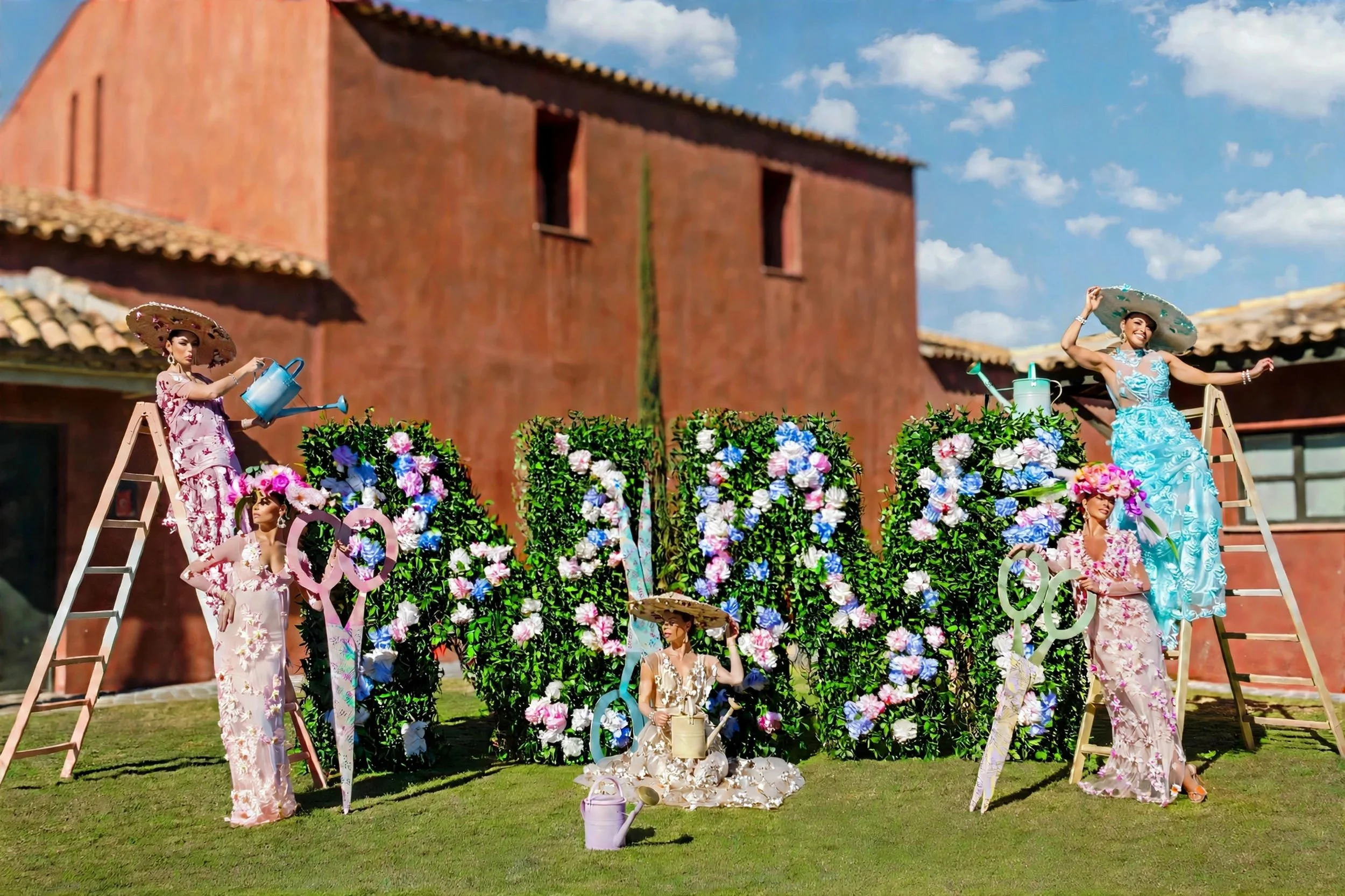 Five models in floral couture gowns in LOVE topiary garden editorial, whimsical gardening concept
