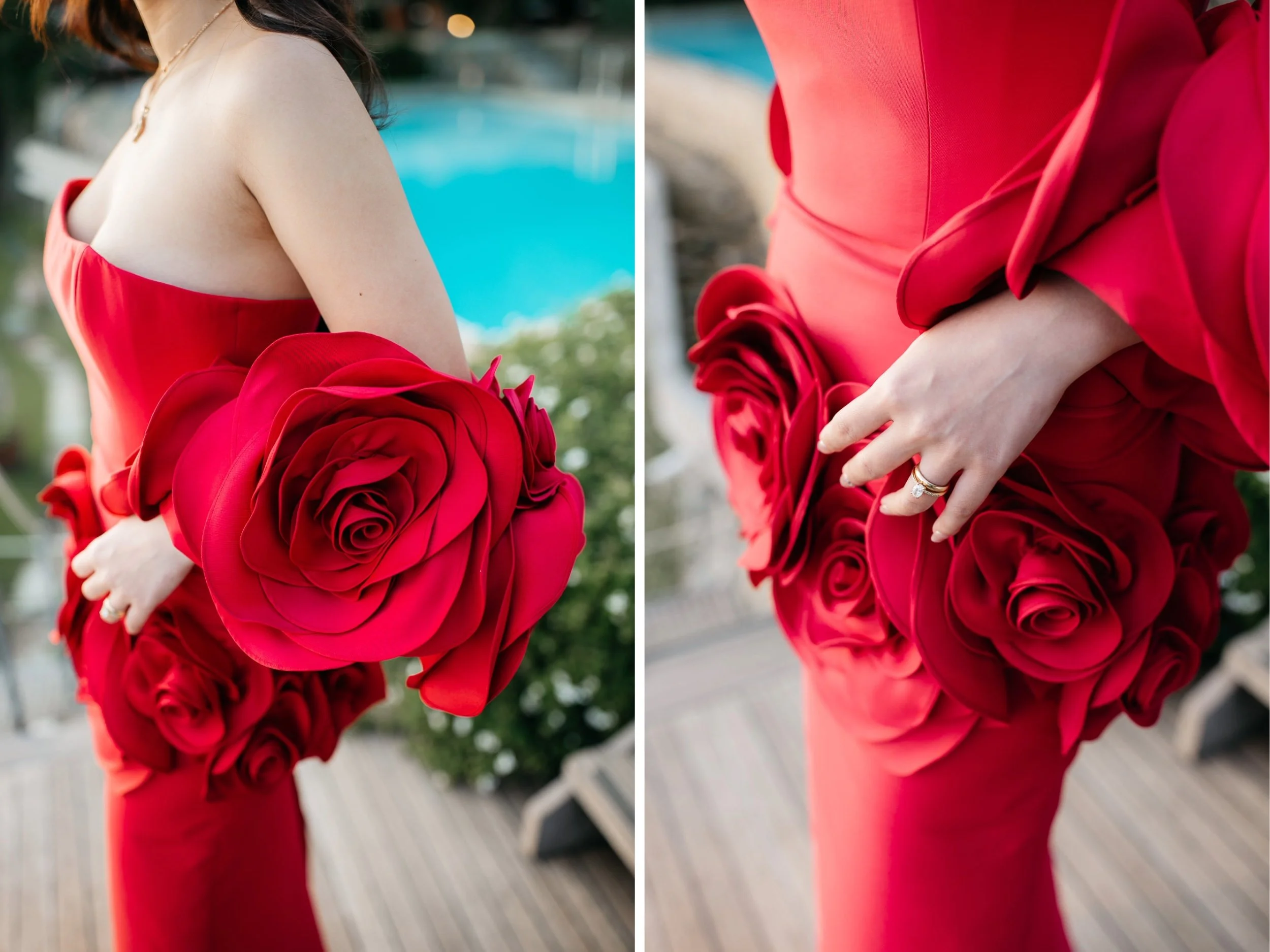 Person wearing a red dress with large fabric roses on the sleeve, standing outdoors near a pool.