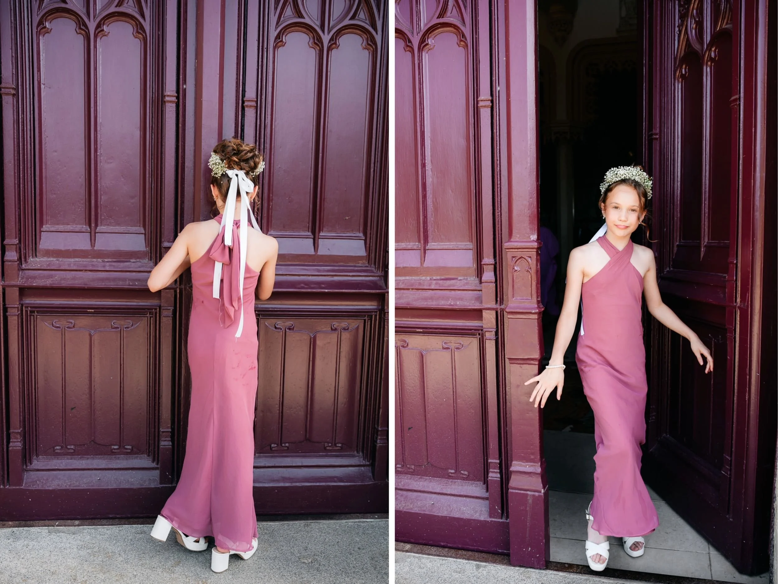 A woman with curly hair styled in an updo wearing flowers and a mauve dress with a bow on her back stands in front of a large wooden door with purple paint. She is facing away in the left image and facing forward in the right image, leaning slightly 