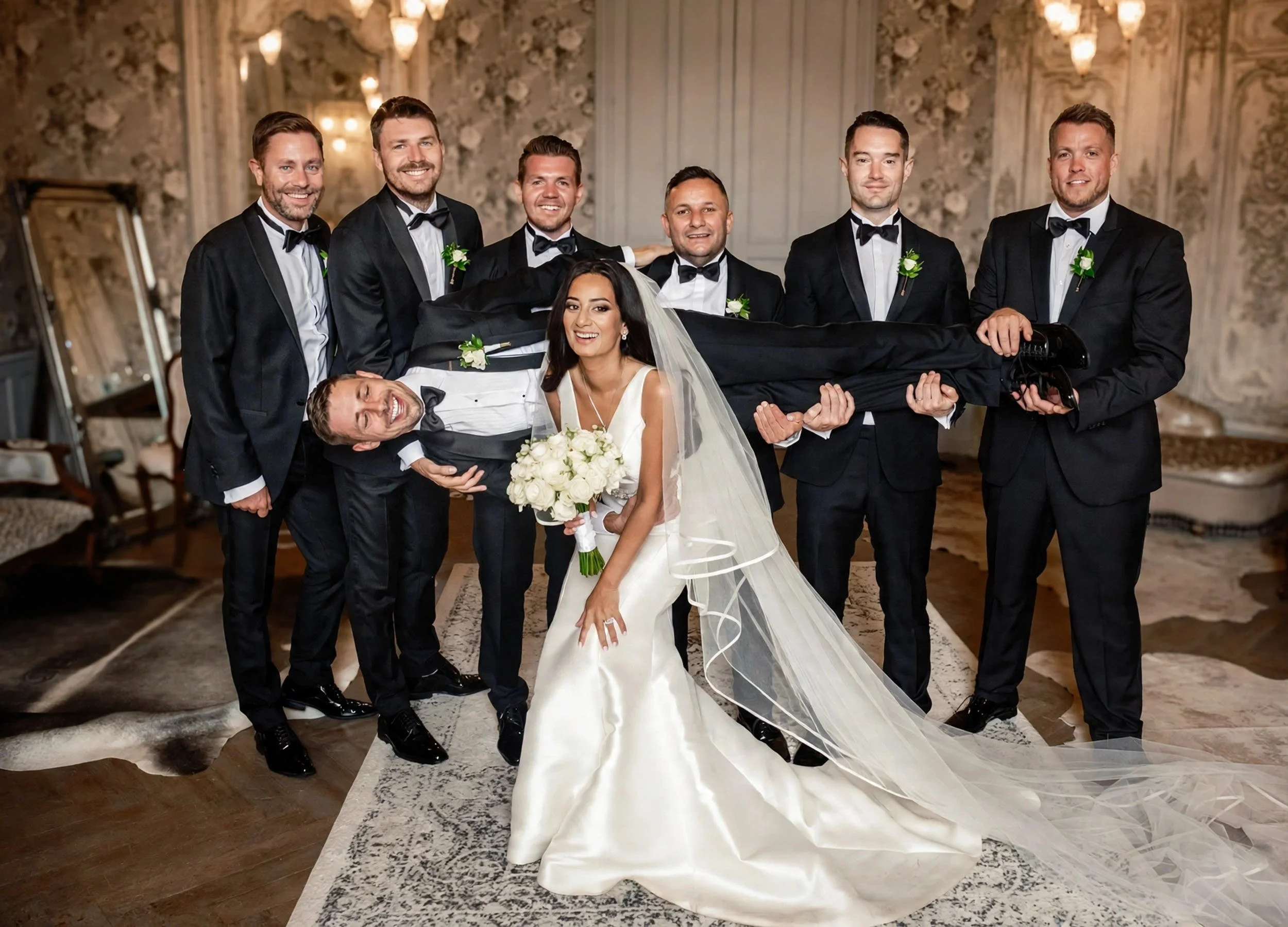 Bride in white silk gown with white rose bouquet and cathedral veil laughing while six groomsmen in black tuxedos playfully lift the groom horizontally in an elegant vintage salon - Luxury wedding at Château Challain, France by Flavio Bandiera