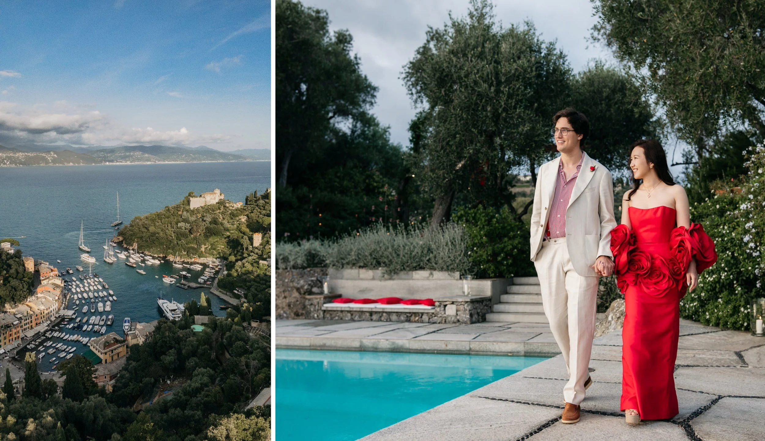 A split image showing a scenic coastal town with boats and mountainous background on the left, and a couple in formal attire holding hands near a pool with trees and greenery on the right.