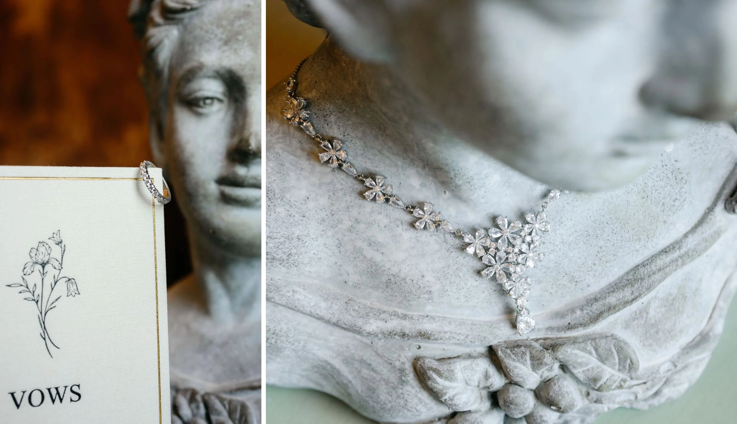 A diamond necklace with flower-shaped pendants displayed on a bust sculpture. A ring with diamonds is placed on a white card featuring a floral illustration.
