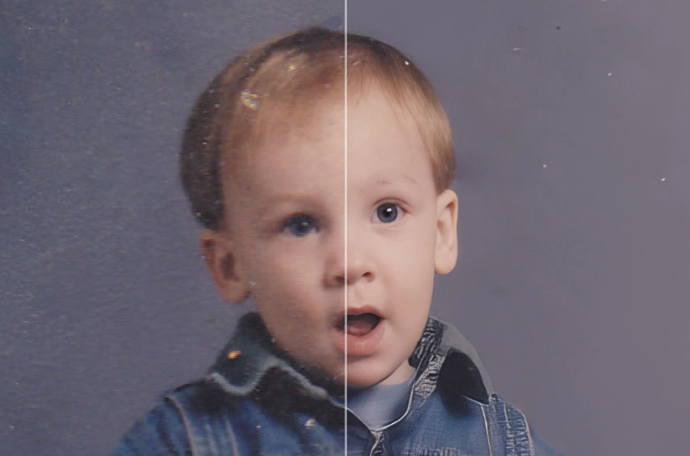 Split-screen photo of a young boy with blue eyes, one side showing an older, bald version of him and the other a younger, full-haired version, against a gray background.