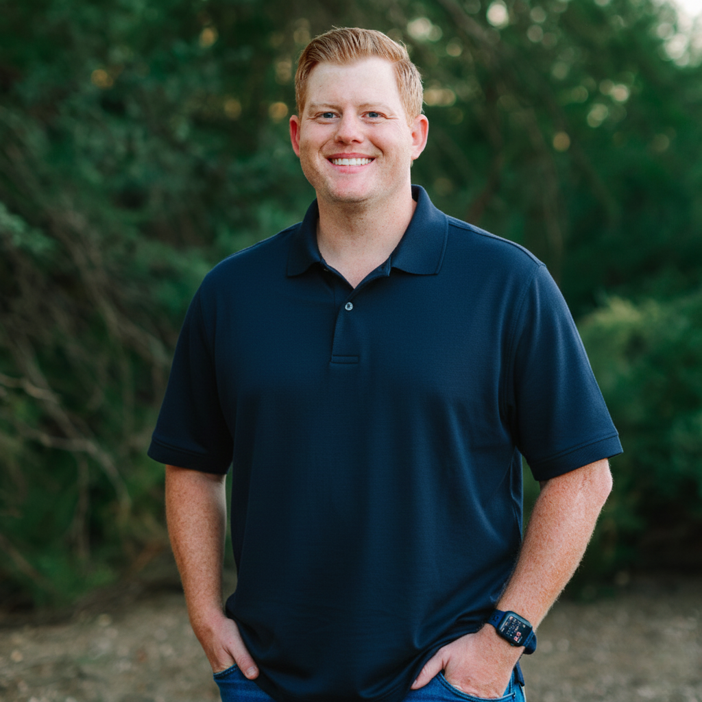 A young man with short red hair, wearing a navy blue polo shirt and a smartwatch, standing outdoors with greenery in the background and smiling.