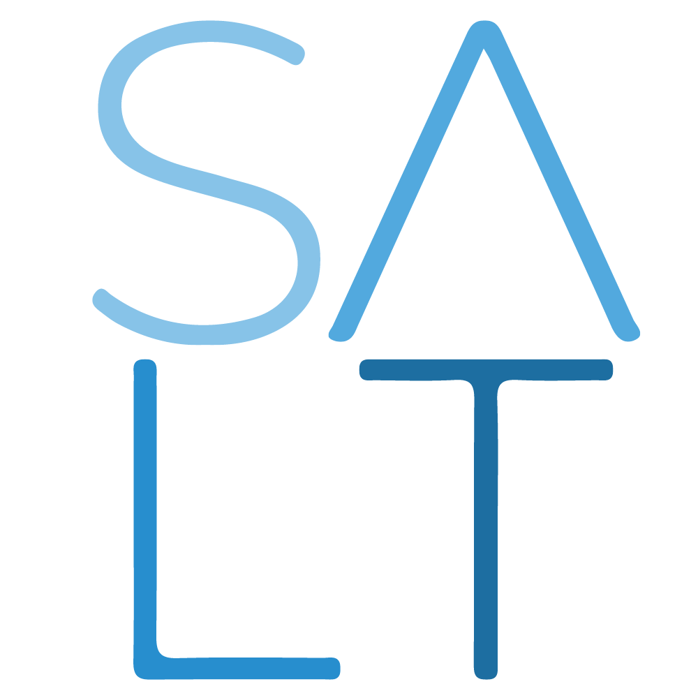Blue square featuring the letter SALT as an abbreviated logo for Saltwater Stays LLC