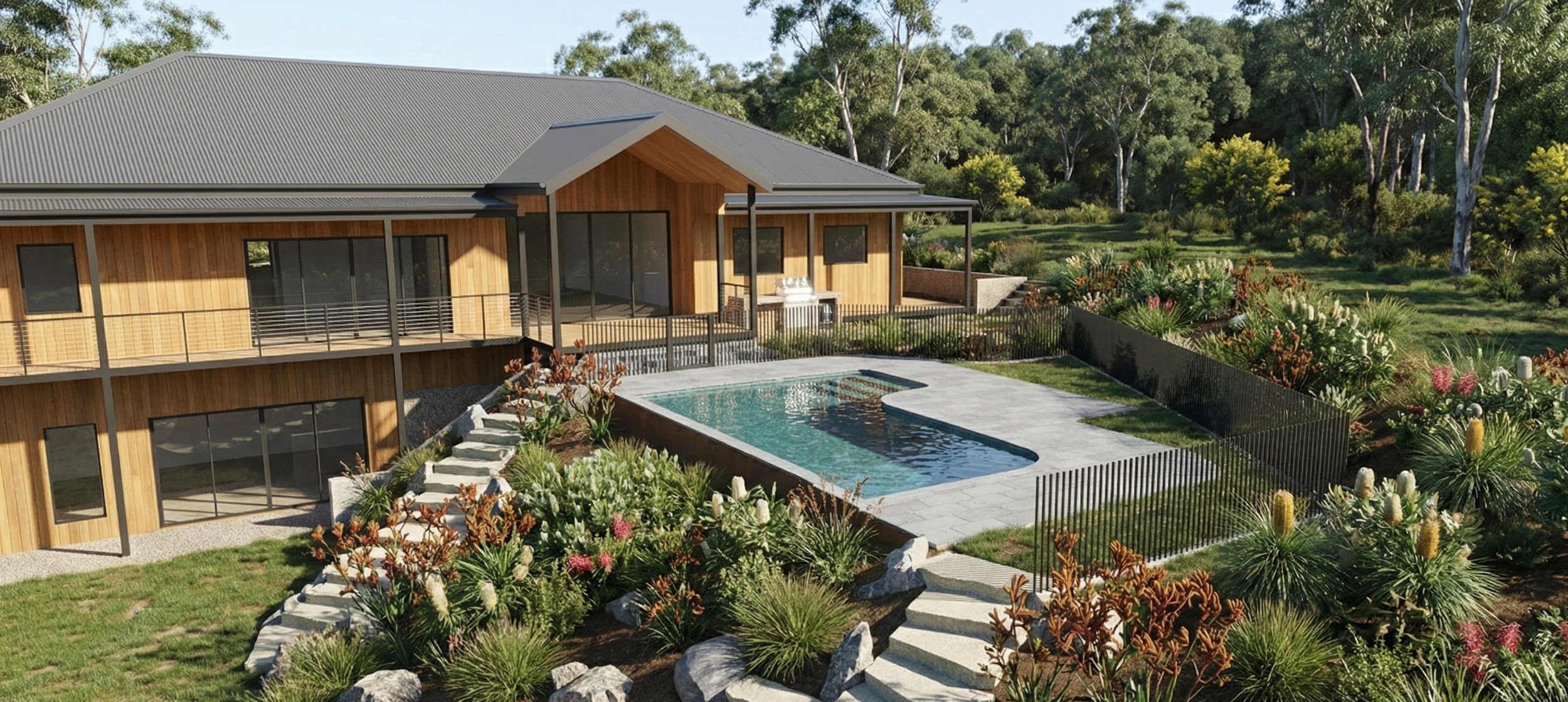A modern two-story house with a pool in the backyard, surrounded by lush greenery and trees.