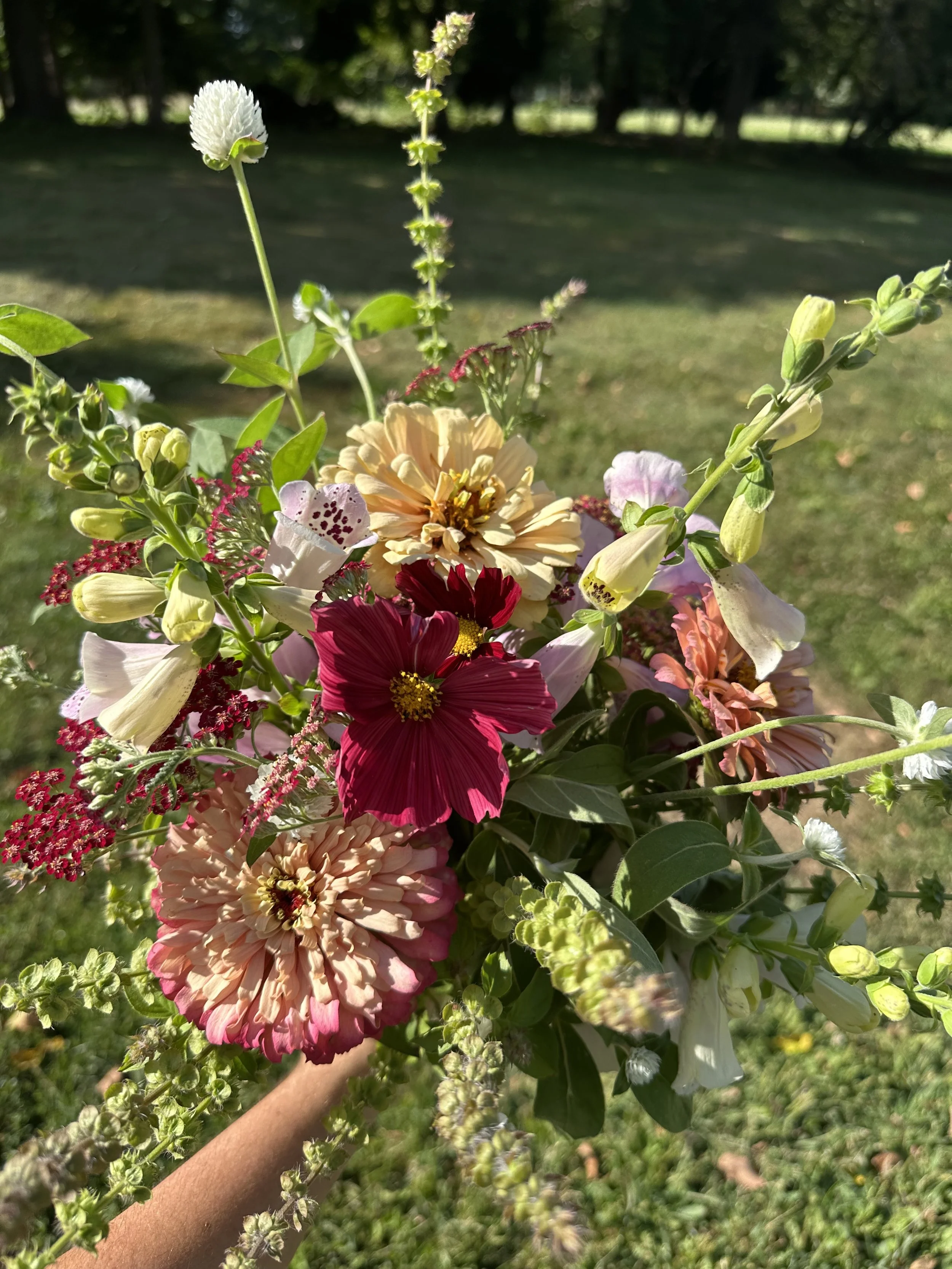 warm pink and burgundy bouquet with green filler
