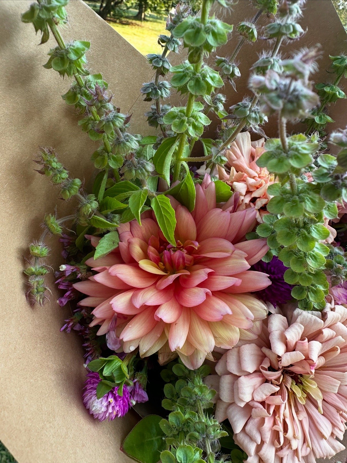 dahlia and zinnia bouquet close up