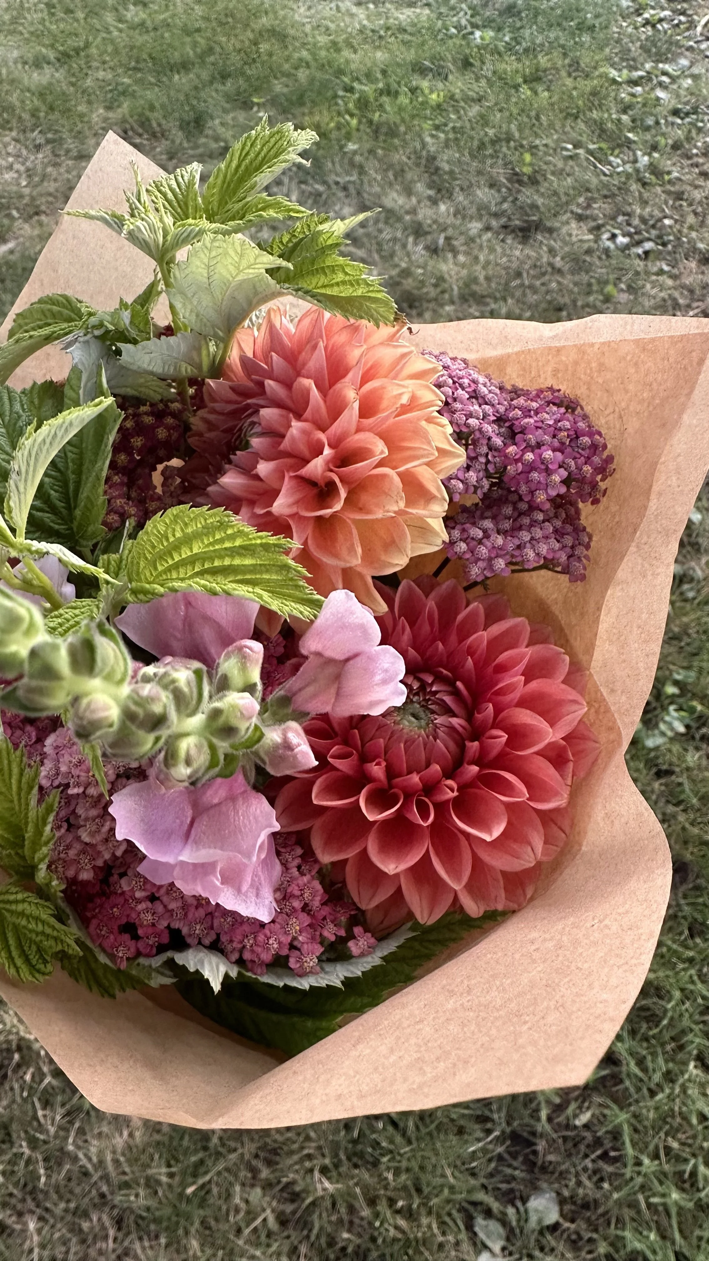 A bouquet of mixed flowers including dahlias, hydrangeas, and greenery wrapped in brown paper with a grassy background.