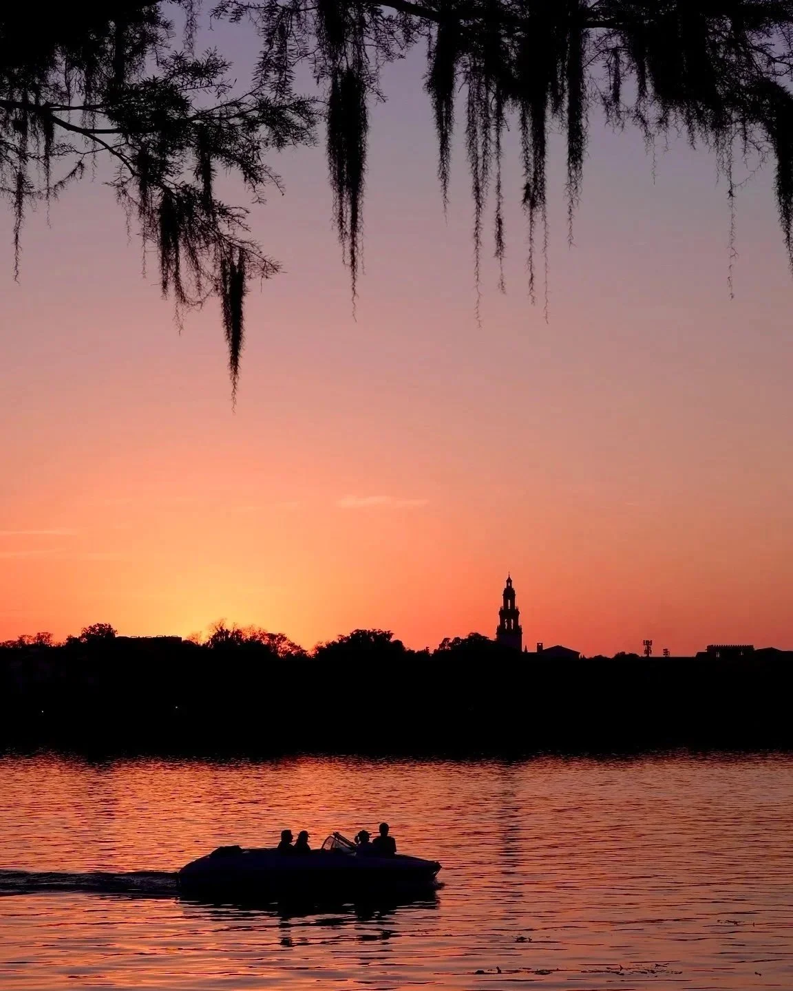 A boat with three people sailing on a river at sunset, with the skyline and a tall building in the background, and hanging moss from trees in the foreground.