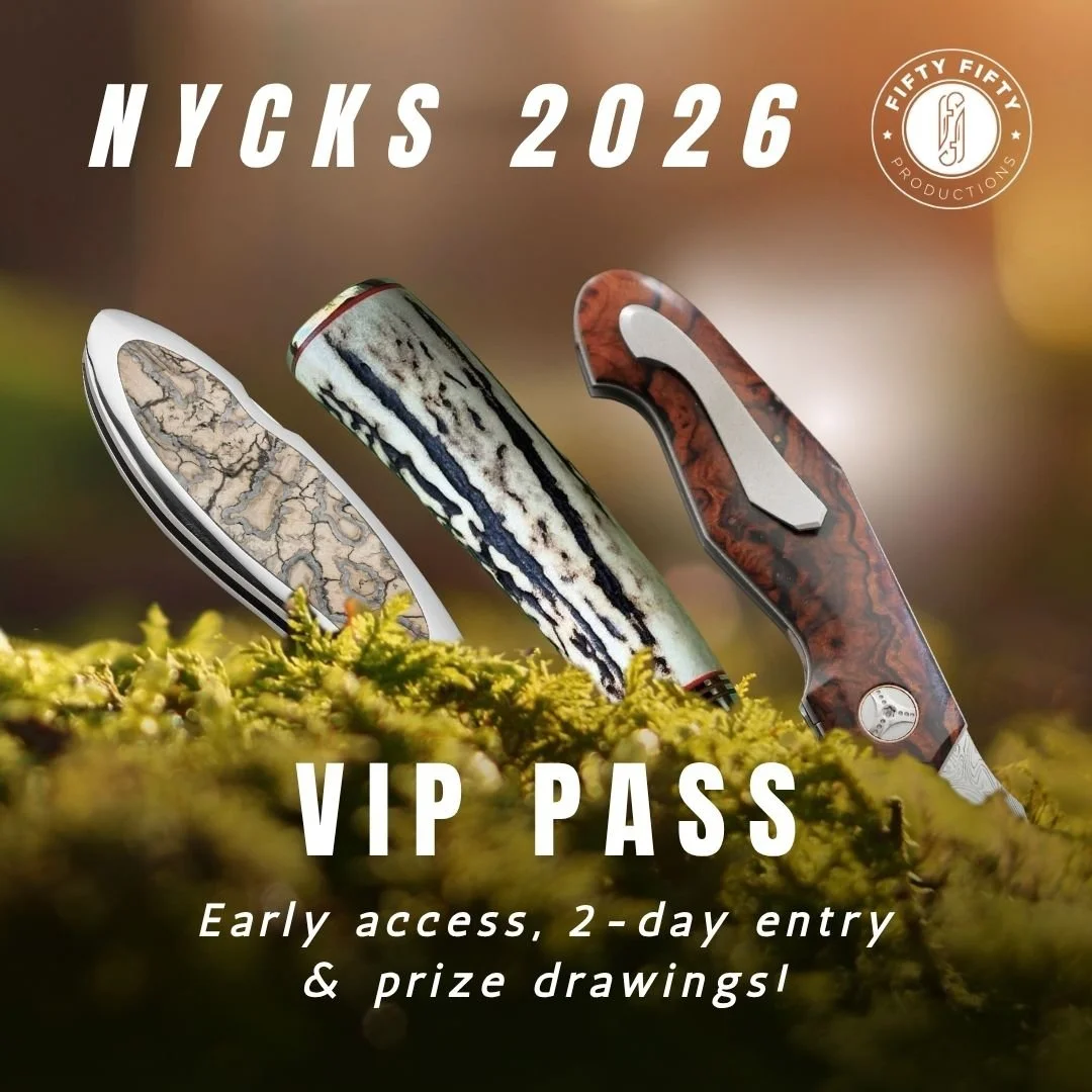 Three folding knives with decorative handles displayed against a blurred natural background, advertising for NYCKS 2026 VIP Pass, early access, 2-day entry, and prize drawings.