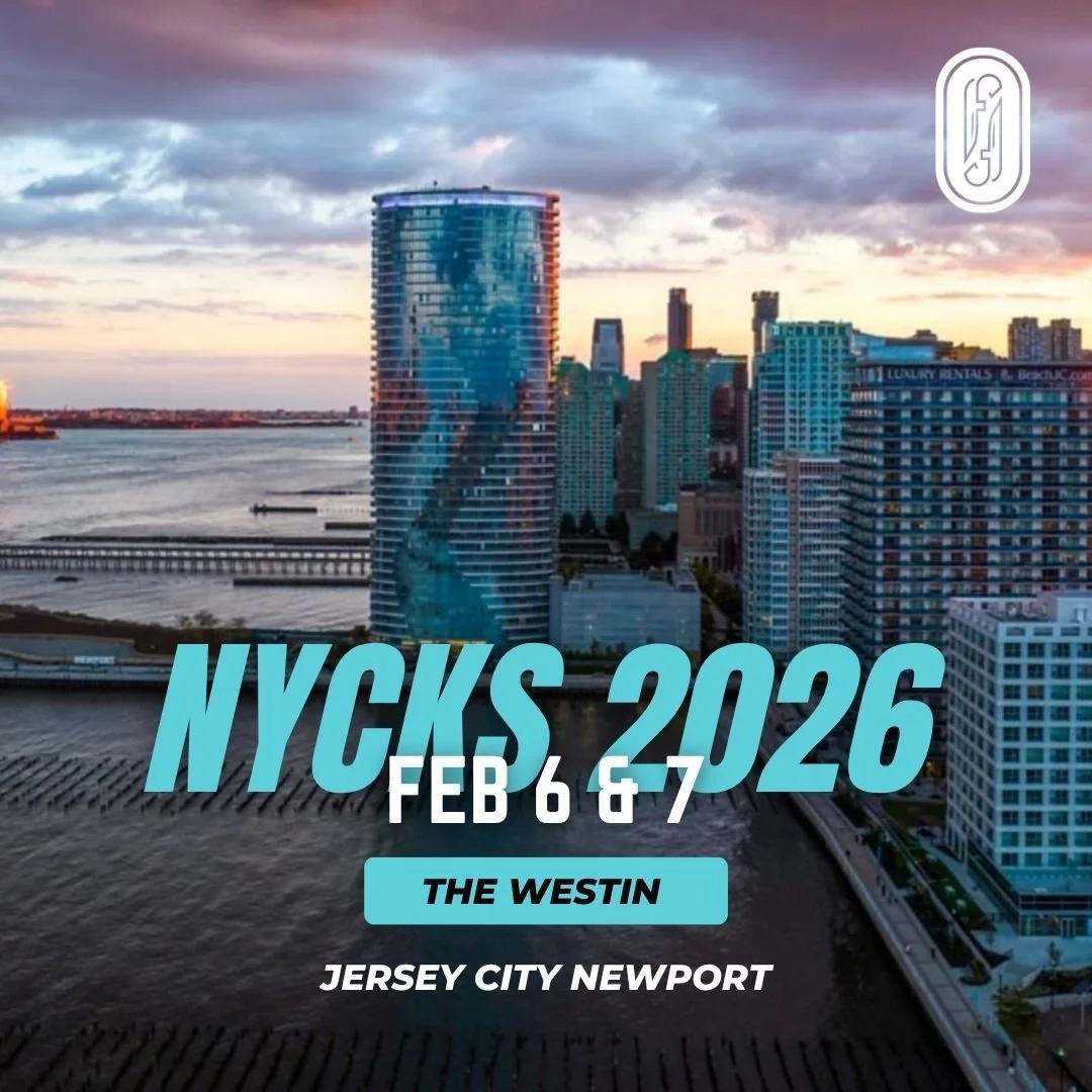 Skyline view of Jersey City, New Jersey with tall modern buildings overlooking the water at sunset, promoting NYCKS 2026 conference on February 6 and 7 at The Westin.