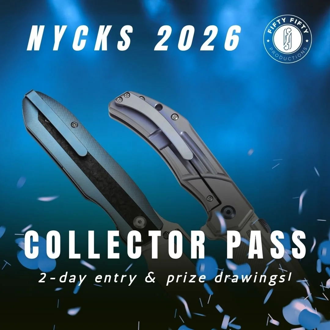 A promotional image for NYCKS 2026 featuring two folding knives against a blue background with floating confetti and the Fifty Fifty Productions logo. Text reads 'NYCKS 2026 Collector Pass, 2-day entry & prize drawings.'
