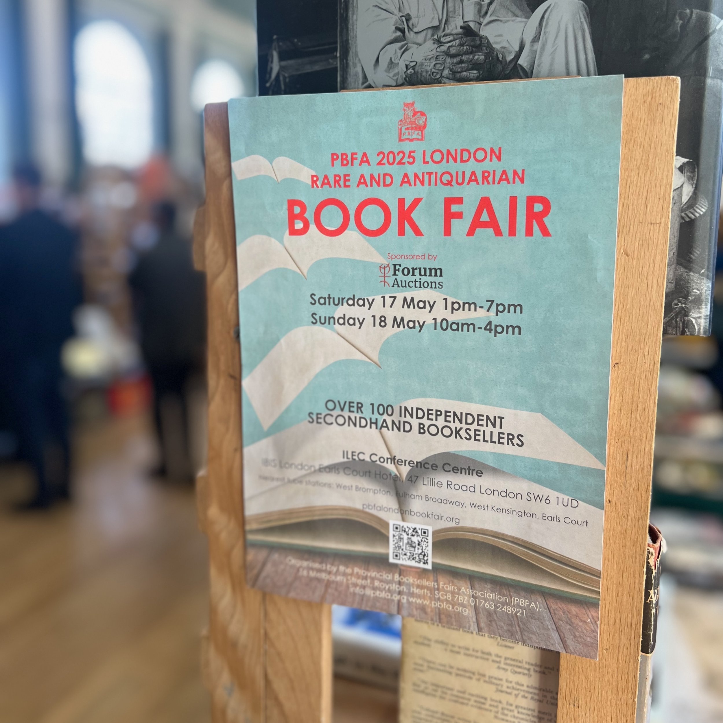 Poster for PBFA 2025 London Rare and Antiquarian Book Fair with dates, times, venue, and sponsorship details.