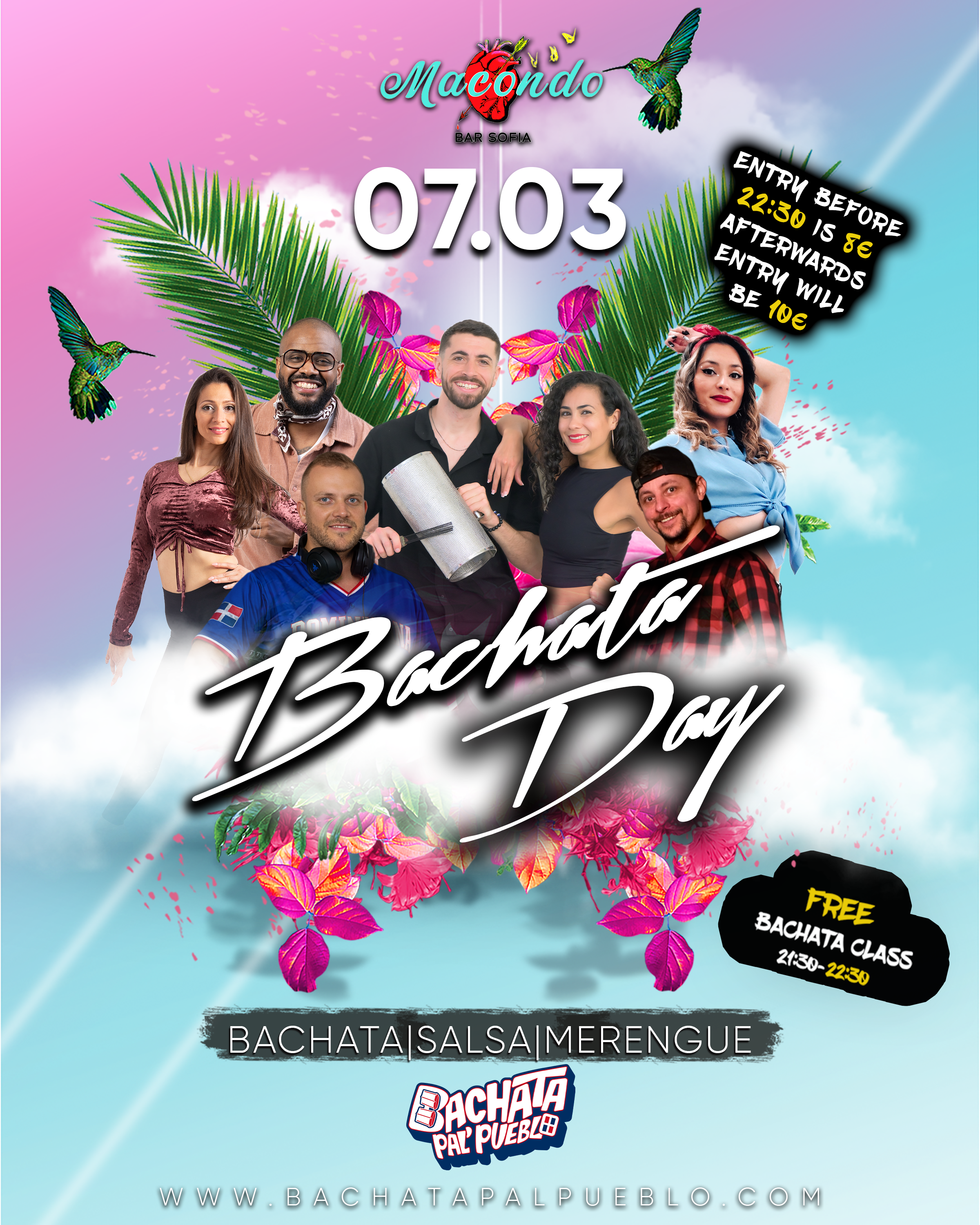 Flyer for a bachata event on February 15th at Paletro Dance Spot in Sofia, featuring Bachata, Merengue, and Salsa.