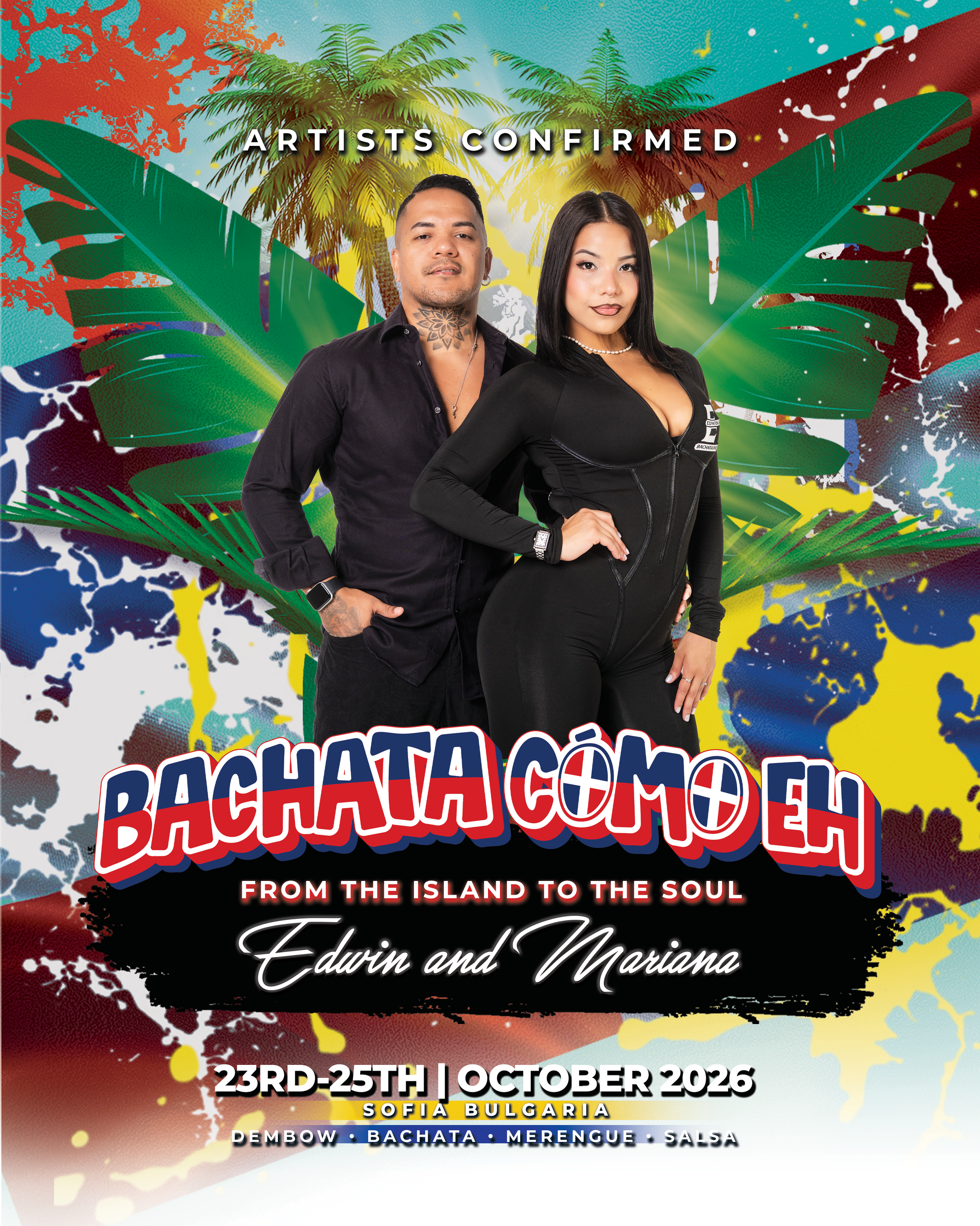Poster for "Bachata Como Eh" event in Sofia, Bulgaria from October 17-19, 2025, featuring dance styles like Dembow, Bachata, Merengue, and Salsa. Includes logos of sponsors City Stage and Macondo Bar Sofia.