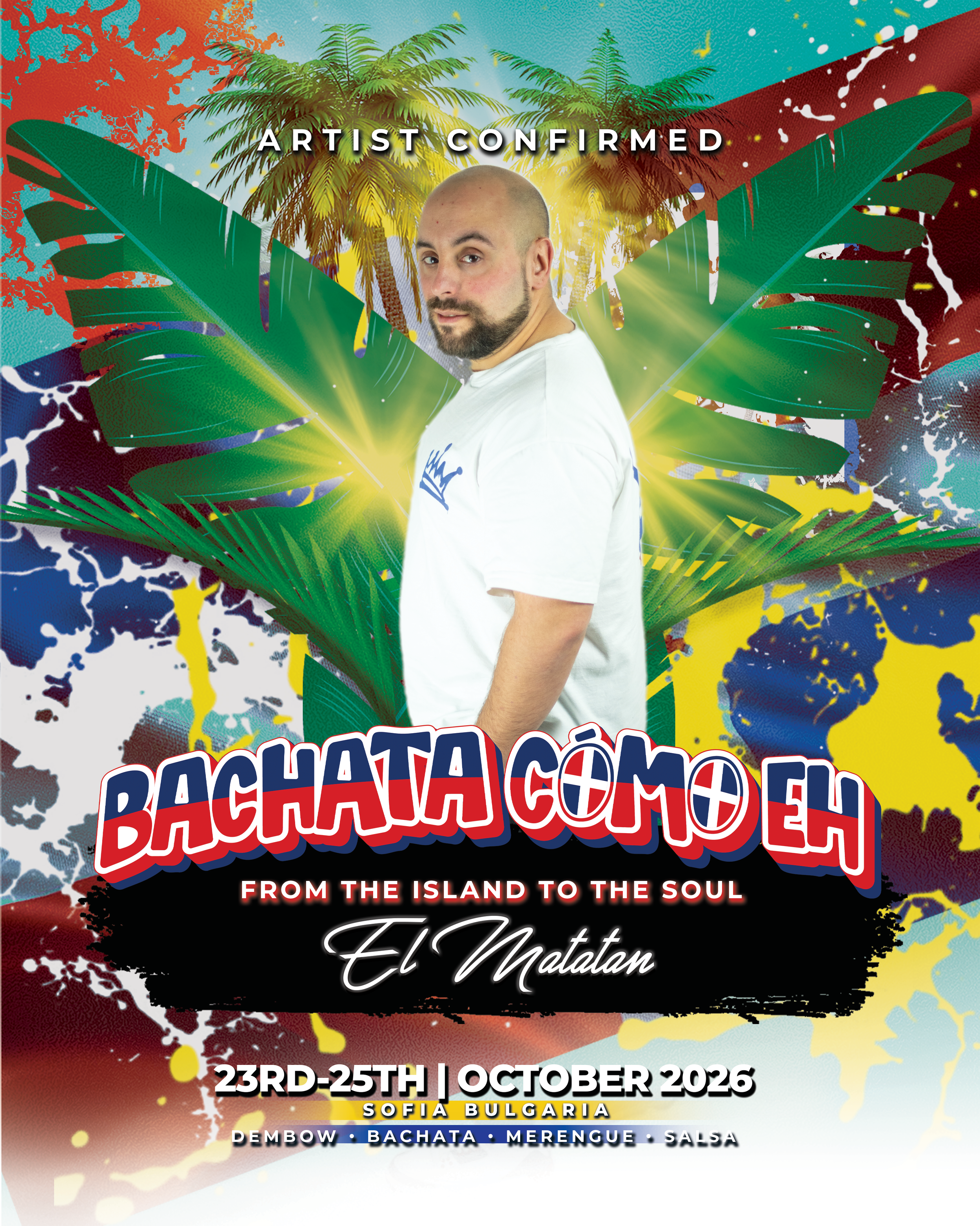 Poster for "Bachata Como Eh" event featuring Anna & Alfonso, Sofia, Bulgaria, October 17-19, 2025. Includes Dembow, Bachata, Merengue, Salsa. First Dominican Bachata Festival in Bulgaria. Sponsored by City Stage and Macondo Bar Sofia.