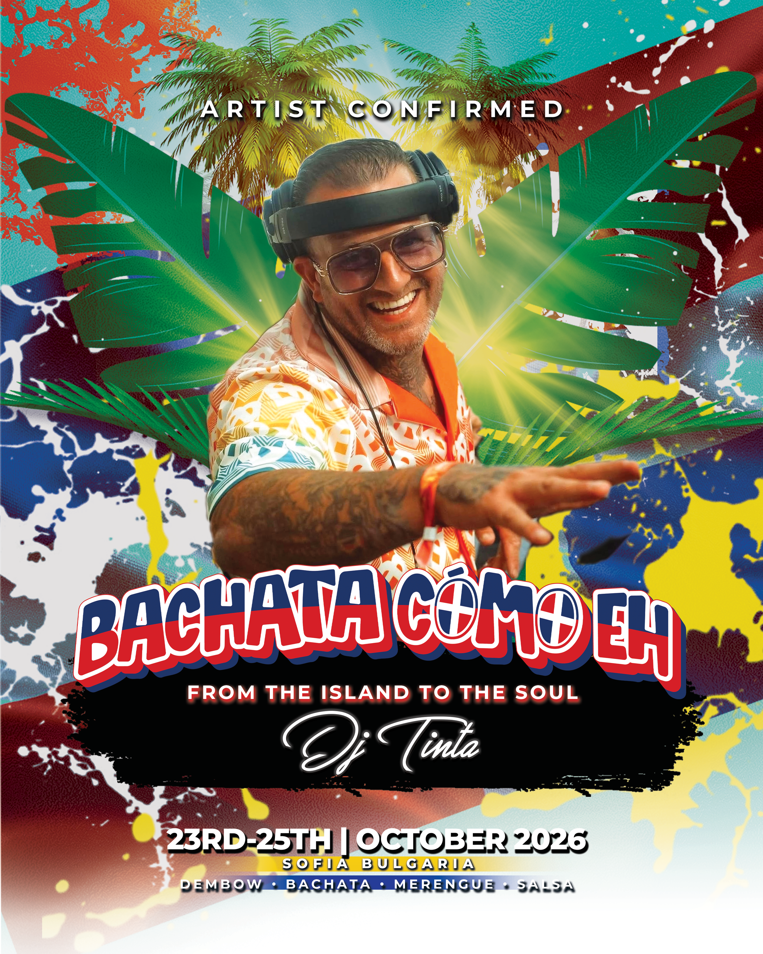 Event poster featuring DJ Stark for the Bachata Como Eh festival in Sofia, Bulgaria, October 17-19, highlighting Dominican music styles like dembow, bachata, merengue, and salsa.