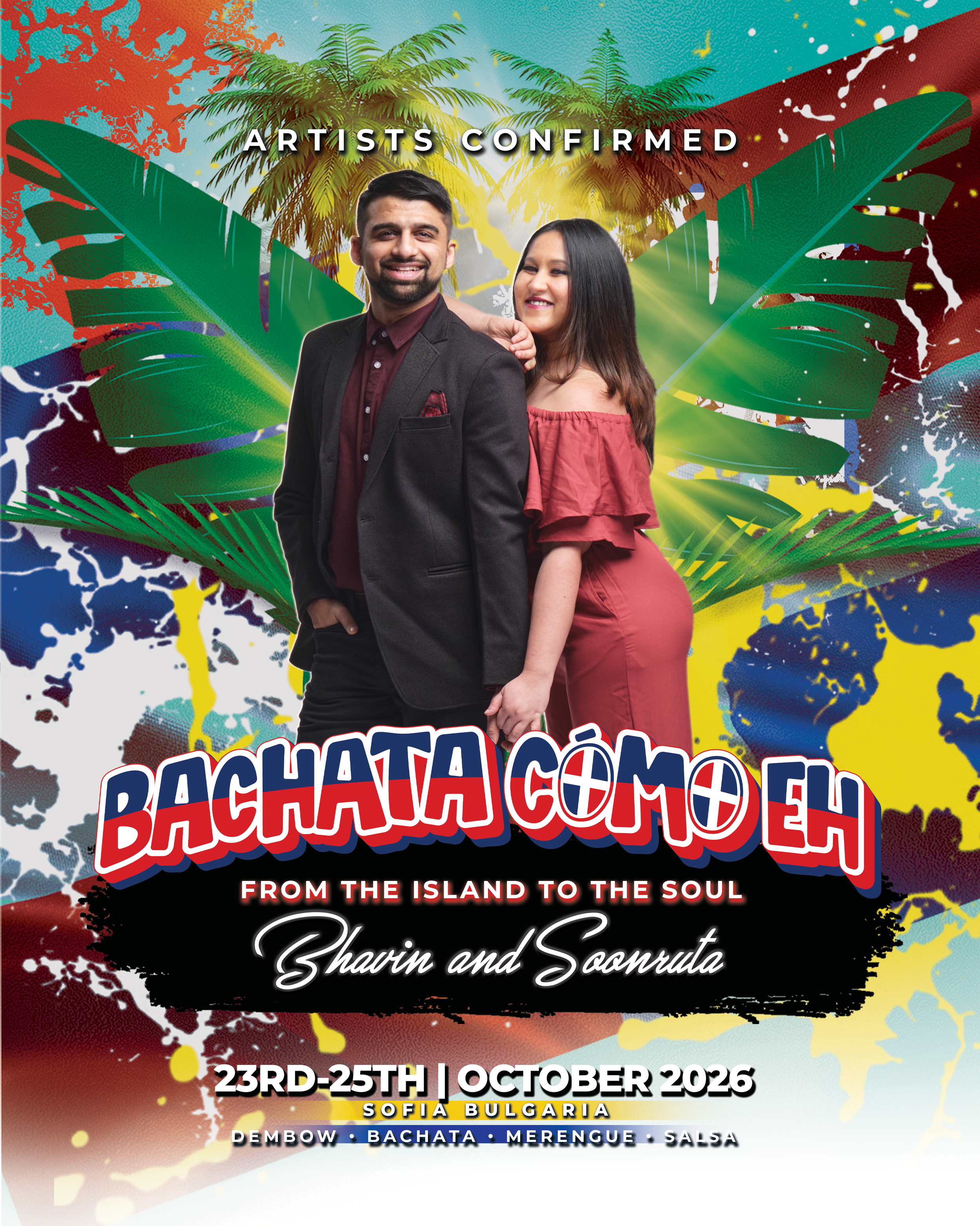 Poster for "Bachata Como Eh" featuring Bahvin & Soonruta in Sofia, Bulgaria, from 17th-19th October 2025. Includes Dembow, Bachata, Merengue, Salsa. The first Dominican Bachata Festival in Bulgaria with logos for City Stage and Macondo Bar Sofia.