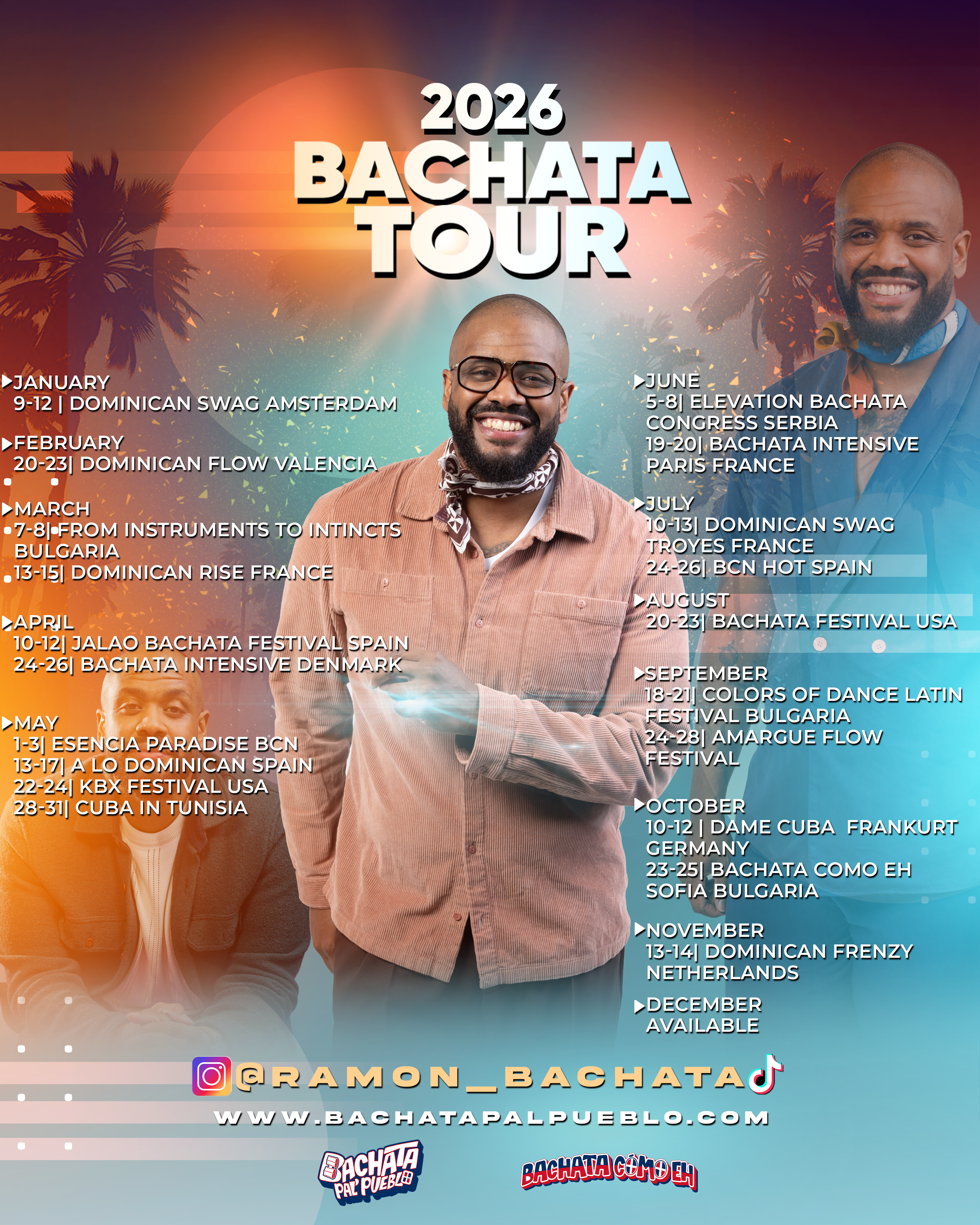 Poster for 2025 Bachata Tour featuring Ramon Brito, listing events from January to November in various European cities, with social media handles at the bottom.