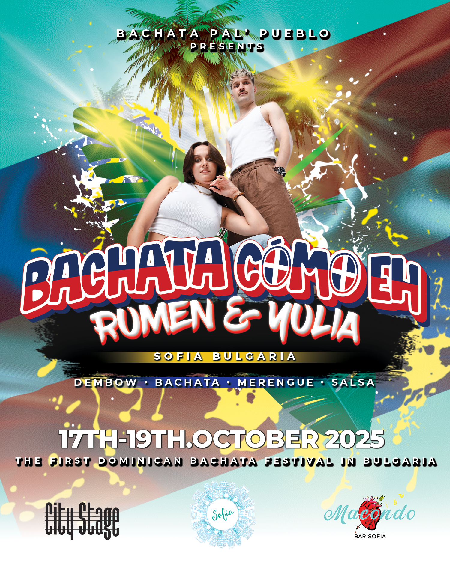 Poster for Bachata Como Eh event in Sofia, Bulgaria, October 17-19, 2025, featuring Rumen & Yulia. Includes images of palm trees and Dominican Bachata Festival branding.