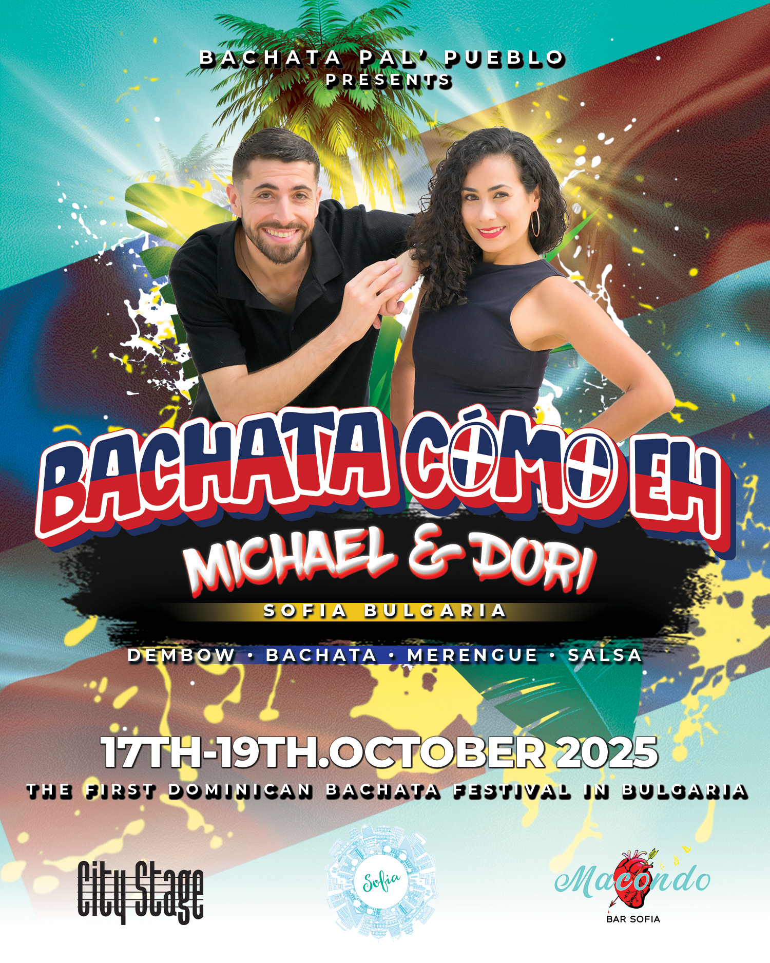 Poster for 'Bachata Como Eh' festival featuring Michael & Dori, Sofia, Bulgaria, October 17-19, 2025. Dance styles include Dembow, Bachata, Merengue, and Salsa.