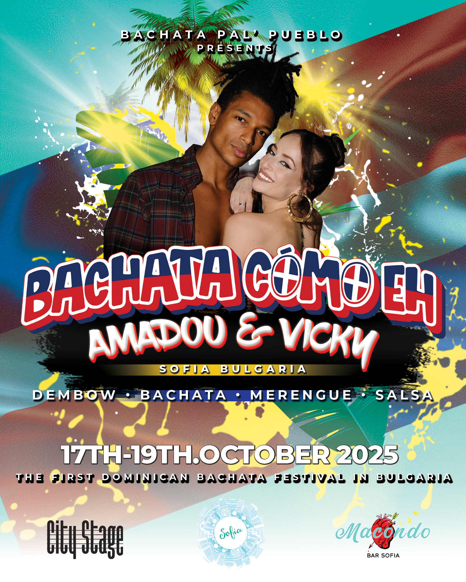 Poster for Bachata Como Eh event in Sofia, Bulgaria featuring Amadou & Viktoria, October 17-19, 2025, promoting bachata, dembow, merengue, salsa.