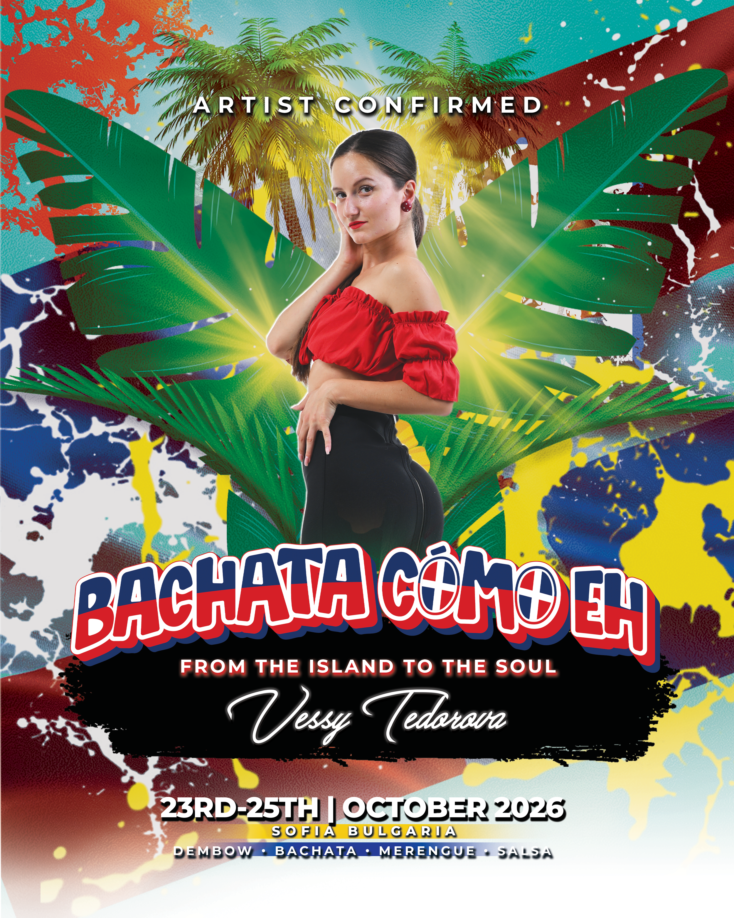 Promotional poster for 'Bachata Como Eh' featuring Marco & Vessy, Sofia, Bulgaria. Event includes Dembow, Bachata, Merengue, Salsa music. Dates: October 17-19, 2025. First Dominican bachata festival in Bulgaria. Logos for City Stage and Macondo Bar Sofia.
