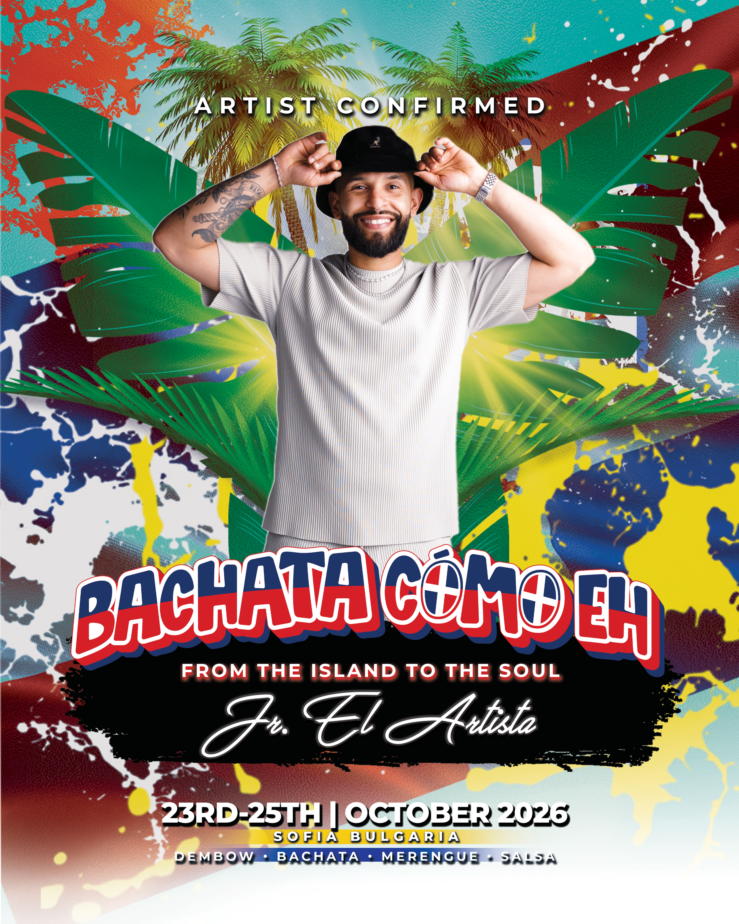 Poster for 'Bachata Como Eh' festival featuring Michael & Dori, Sofia, Bulgaria, October 17-19, 2025. Dance styles include Dembow, Bachata, Merengue, and Salsa.