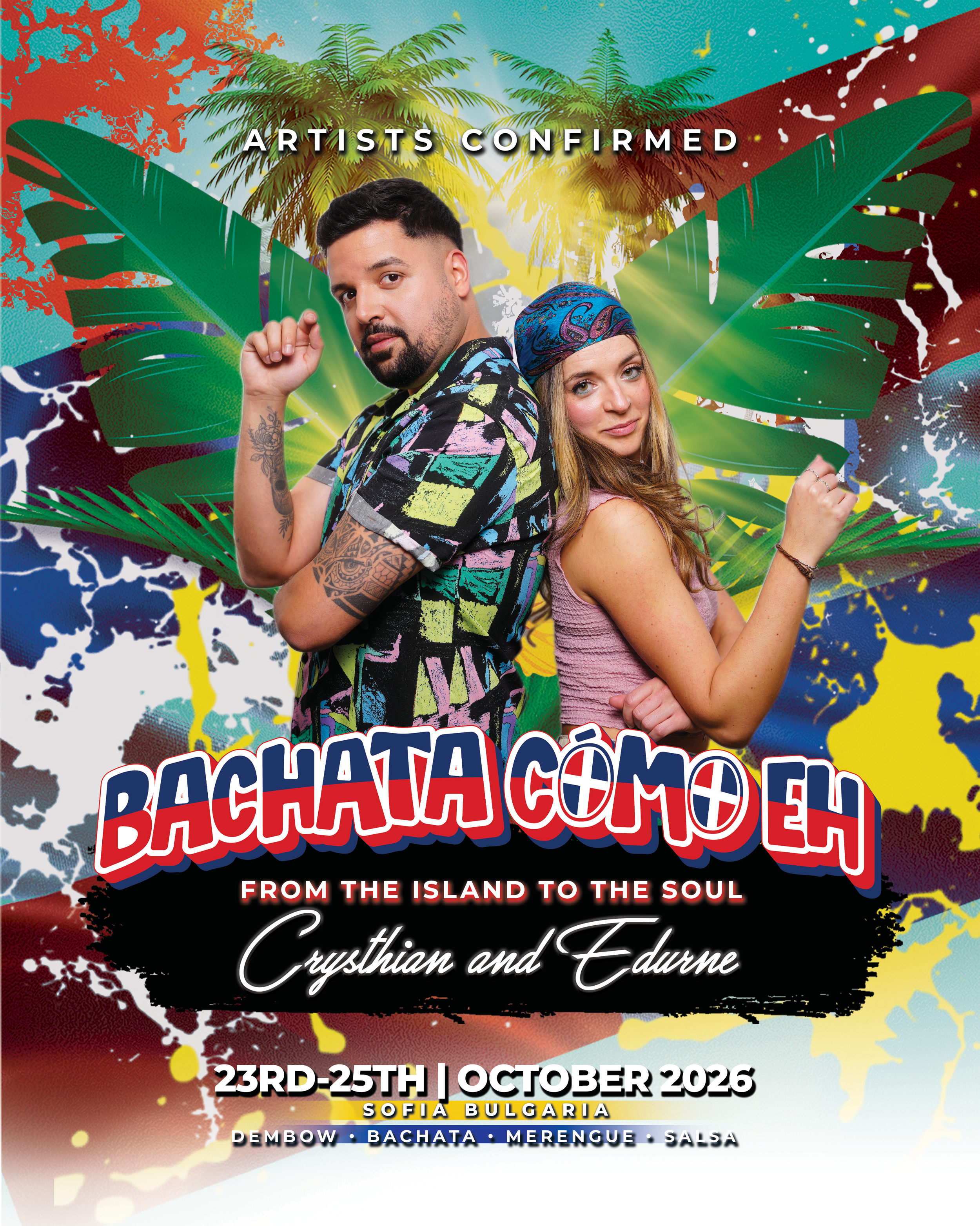 Poster for Bachata Como Eh event in Sofia, Bulgaria, October 17-19, 2025, featuring Rumen & Yulia. Includes images of palm trees and Dominican Bachata Festival branding.