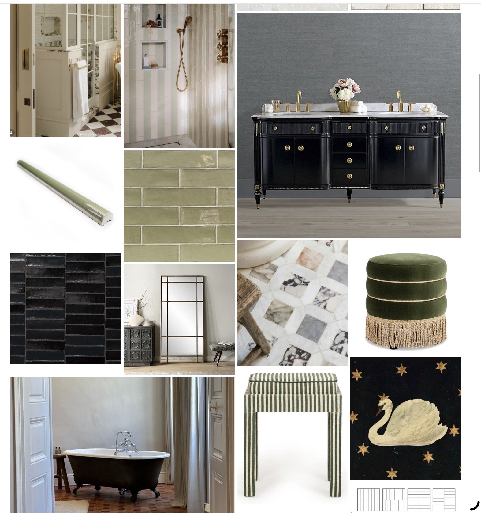 A collage of bathroom and interior design elements including bathroom fixtures, tiles, furniture, and decorative objects in a vintage and modern style.