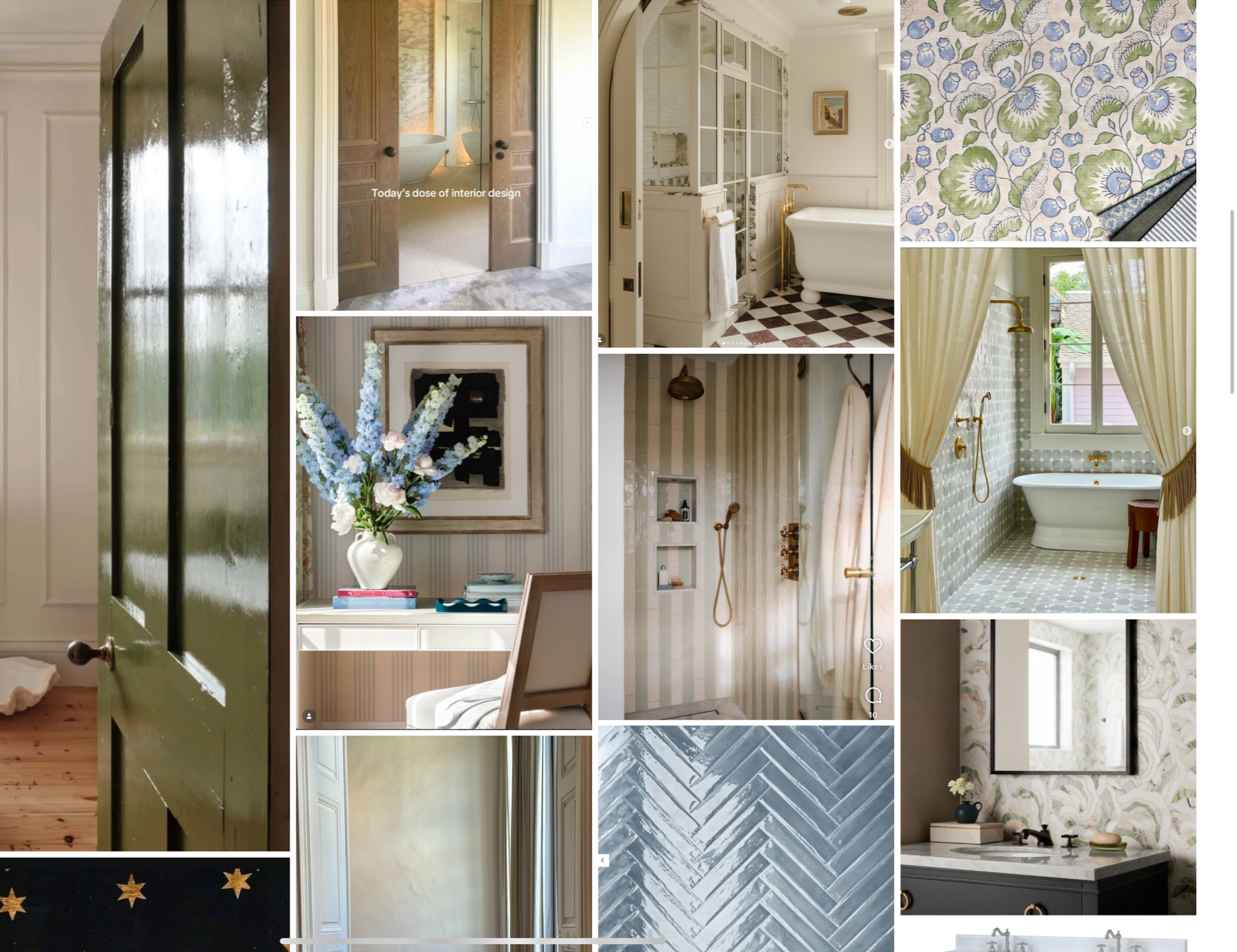 Collage of interior bathroom and decor images, including vintage bathtubs, patterned wallpaper, striped walls, floral arrangements, patterned tiles, curtains, and interior design details.