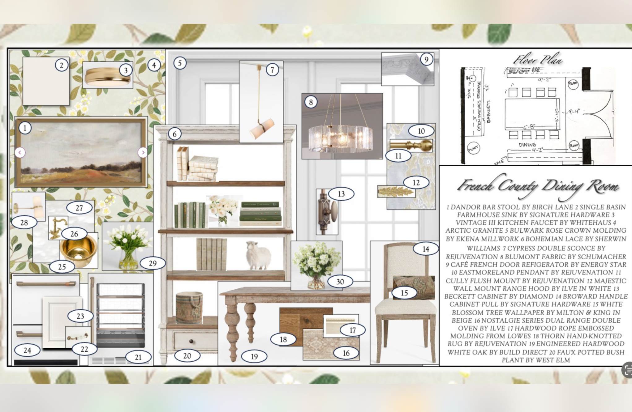Floor plan of a French County Dining Room with furniture, decor, and room layout labeled.