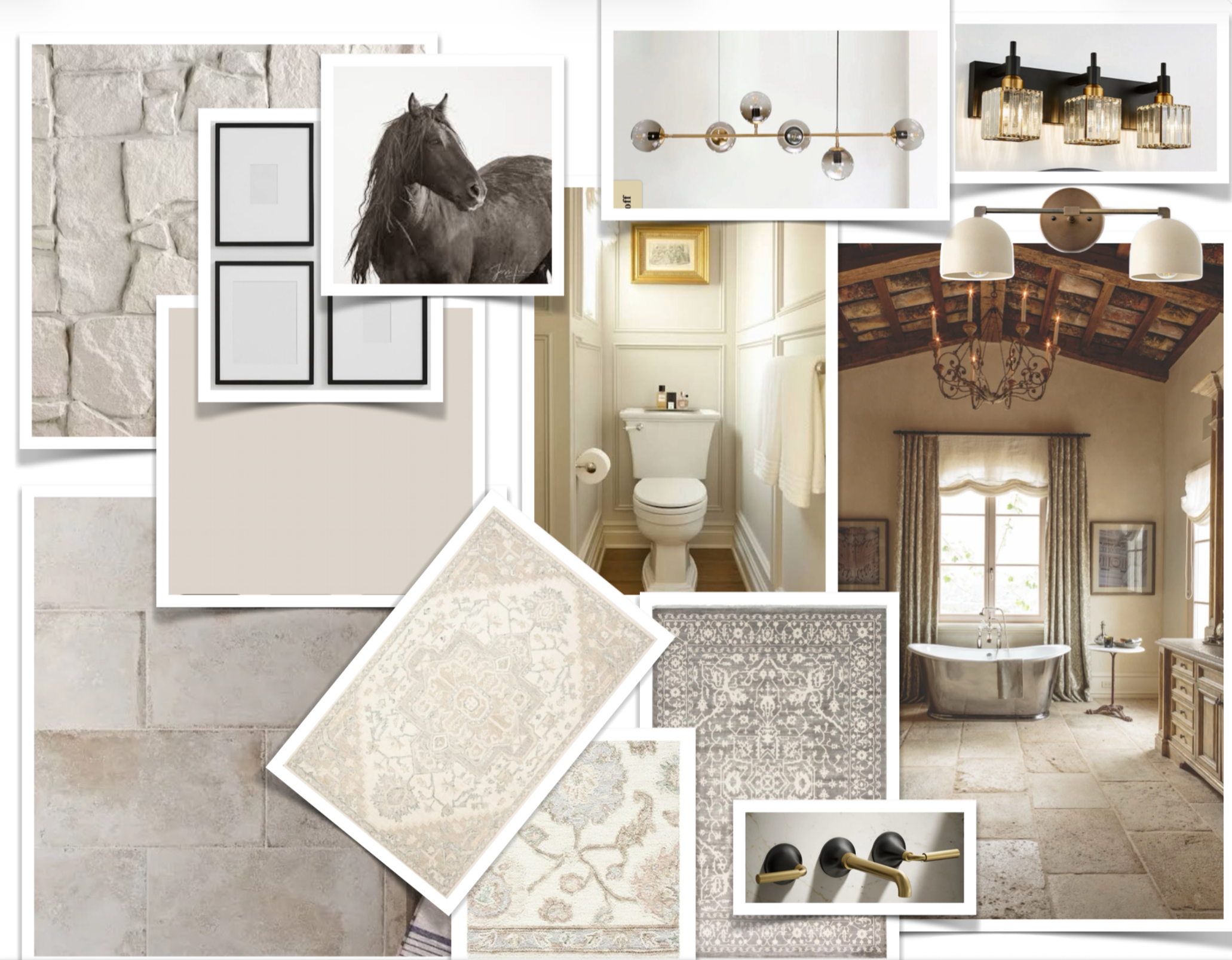 Collage of interior decor and design elements including a stone wall, framed monochrome horse photograph, modern and vintage light fixtures, a vintage bathtub in a room with natural light, a white toilet with decorative paneling, patterned rugs, and various tile samples.