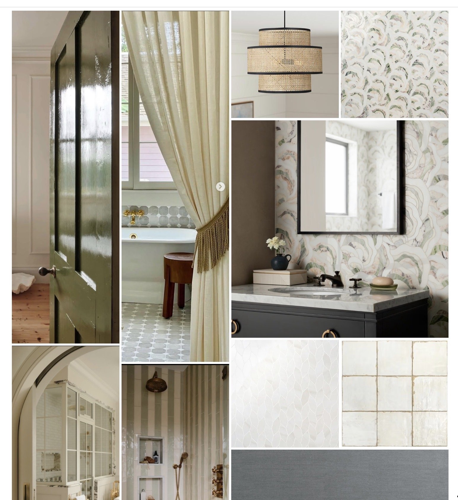Collage of interior design elements including bathroom and vanity with wallpaper, curtains, lighting fixture, and tiled walls.