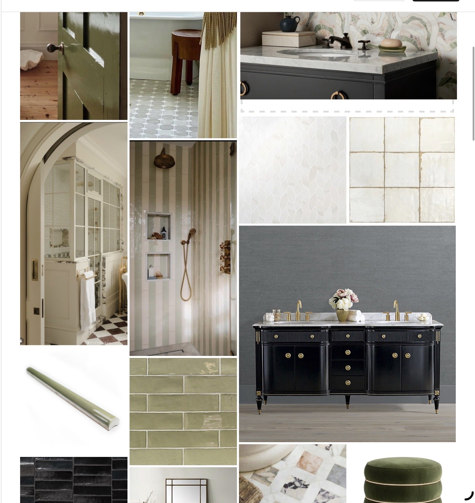 Collage of bathroom and vanity design elements, including a double sink black vanity with gold fixtures, a vintage-style bathroom with striped wallpaper and open shelving, a white marble countertop with toiletries, various tile patterns, a shower with brass fixtures, green tile and bricks, a circular green ottoman, and a mirror.