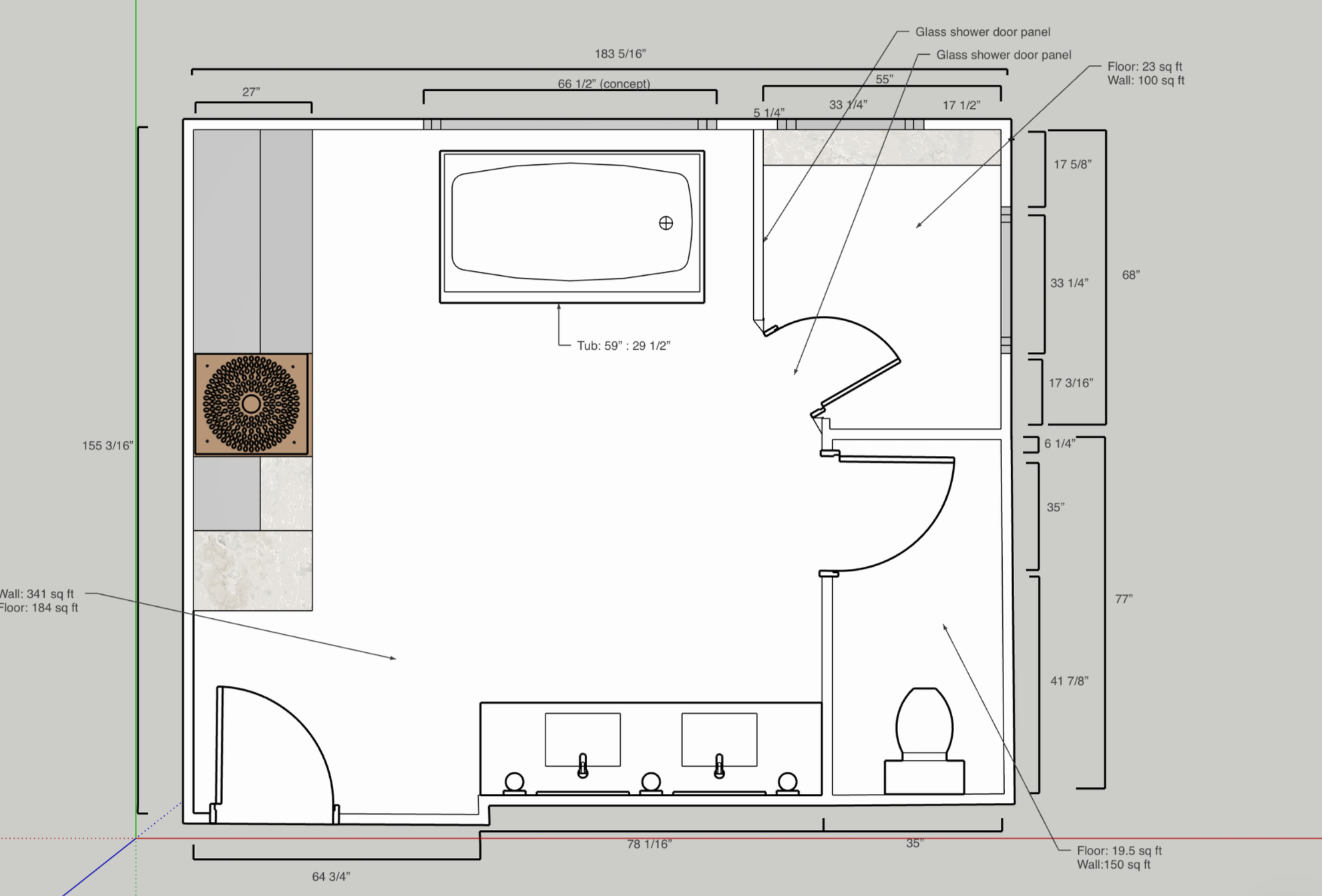 Floor plan of a bathroom showing a bathtub, shower with glass door, toilet, double sink vanity, and a heating element.